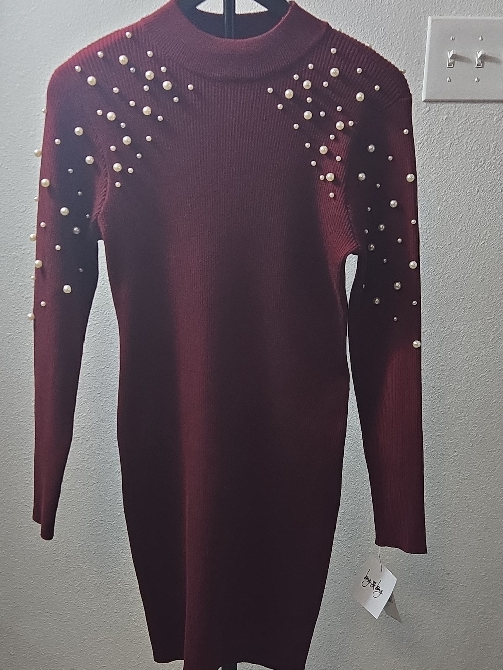 by & by Burgundy Pearl-Accent Long Sleeve Knit Dress